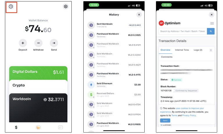 تاریخچه تراکنش در کیف پول World App
